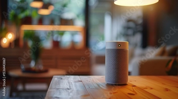Fototapeta A modern stylish smart speaker on a wooden table in the living room, a homely cozy atmosphere in a modern home.