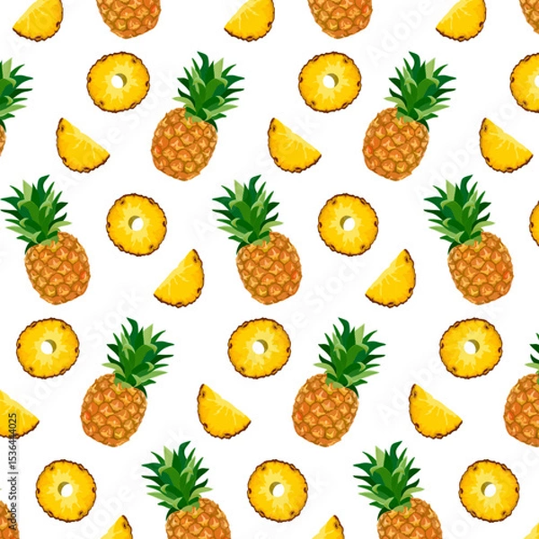 Obraz Whole and sliced ​​pineapple.Vector seamless pattern with slices and whole pineapples on transparent background.