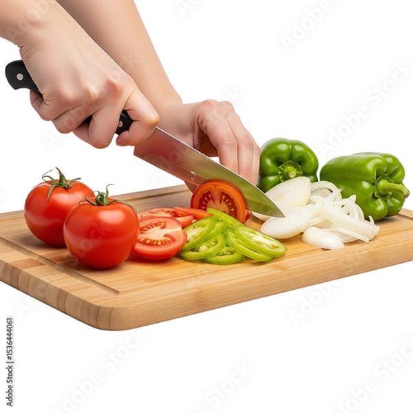 Fototapeta Hands cutting vegetables on a cutting board isolated on transparent background 