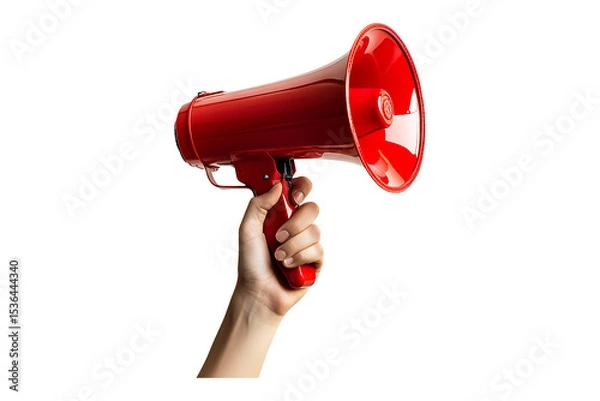 Fototapeta hand holding red megaphone isolated on transparent background