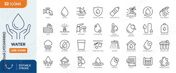 Obraz Water line editable icon set. Containing water,  drop, rain, glass of water, shower, drinking water and more. Editable stroke. Vector illustration
