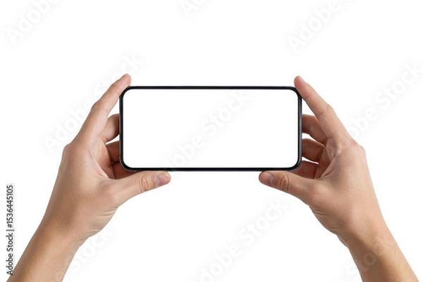 Obraz Both hands holding a smartphone horizontally with a blank screen, isolated background
