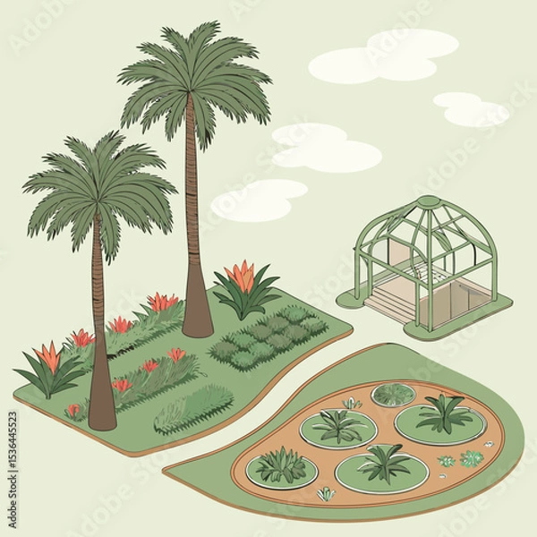 Fototapeta Tropical garden isometric view with palm trees and greenhouse