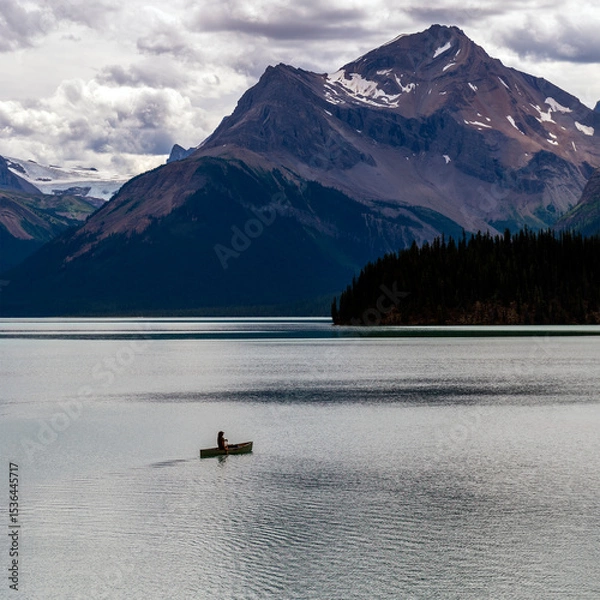 Fototapeta Square photograph of man in canoe on Maligne Lake, Jasper national park, Canada