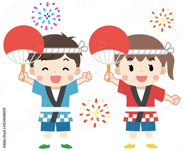 Obraz 夏祭りで法被をきた笑顔の子供たちのイラスト
