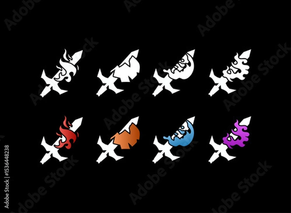 Obraz Fantasy RPG Game Logo Icon Set, sword with fire, spirit, water, earth element