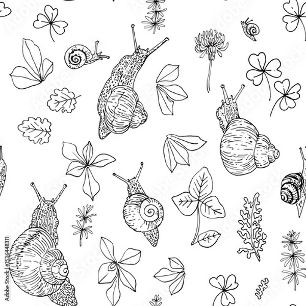 Obraz Nature motifs. Flowers, leaves. Vector pattern on white background. Line drawing