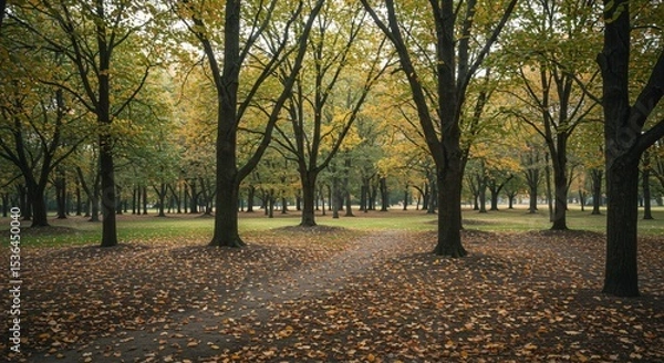 Fototapeta a park with lots of trees and leaves