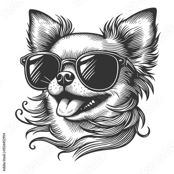 Fototapeta happy chihuahua wearing stylish sunglasses, exuding personality and charm with a playful vibe sketch engraving generative ai raster illustration. Scratch board imitation. Black and white image.