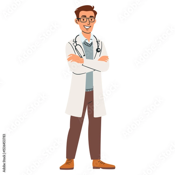 Obraz Man doctor standing with arms folded on his chest. Flat vector illustration. . Vector illustration