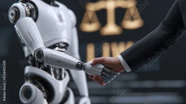 Fototapeta Futuristic AI robot and human shaking hands in front of a screen displaying ethical guidelines and legal frameworks, cooperation between humans and machines concept, clean background, editorial use