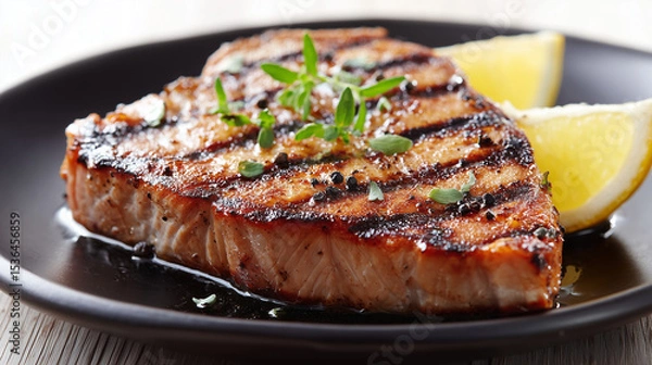 Fototapeta Photo of a thick yellowtail steak served on a plate with lemon