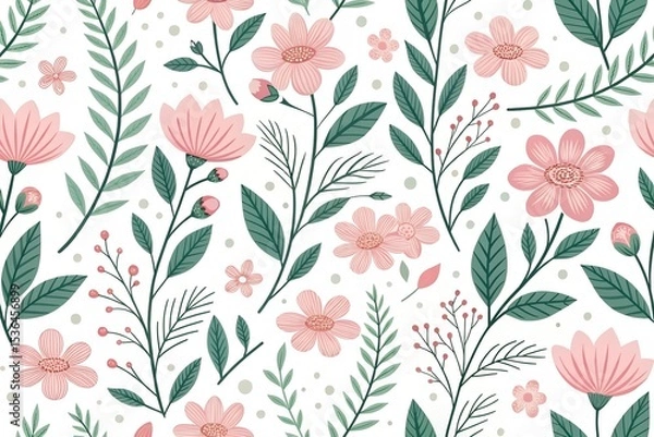 Fototapeta Modern minimal floral pattern, flat design, clean lines, soft pink and green palette on white background. design illustration
