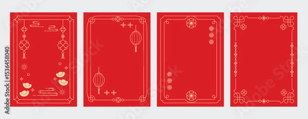 Fototapeta Chinese New Year poster vector set. Luxury card template design with frame, lantern, cloud, flower in gold line art. Oriental illustration for cover, website, envelope, package.