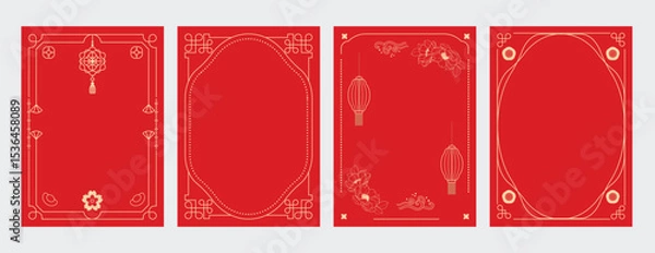 Fototapeta Chinese New Year poster vector set. Luxury card template design with frame, lantern, cloud, peony flower in gold line art. Oriental illustration for cover, website, envelope, package.