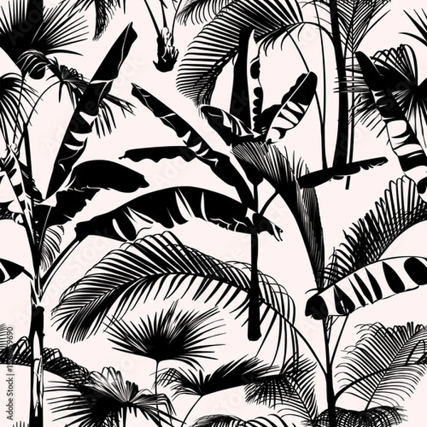 Fototapeta Seamless pattern with black palm tree branches isolated on a white background. Desert and tropical houseplants. 
