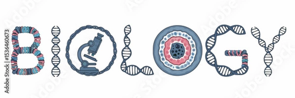 Obraz Biology word with microscope, DNA, and cells – Ideal for science education materials, STEM visuals, or academic branding.