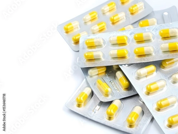 Obraz Close up view of yellow and white capsule pills in blister packs on white background