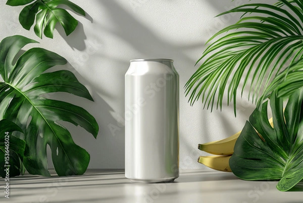 Obraz Blank white beer can mockup on neutral background with tropical monstera, palm, and banana leaves. Clean, minimal look with soft shadows and smooth matte finish.