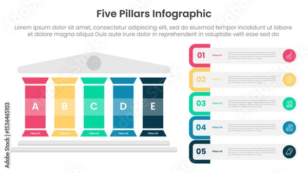 Fototapeta Five pillars framework with ancient classic construction infographic with 5 point stage template with colorfull pillar and rectangle round container for slide presentation