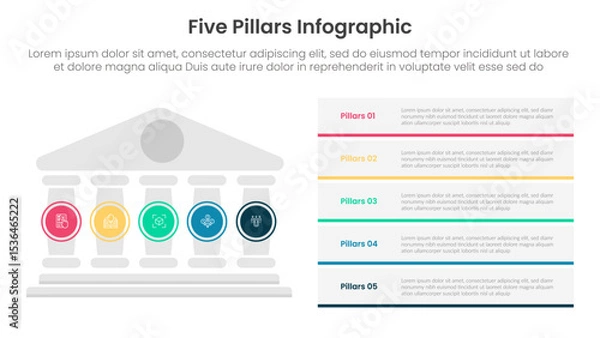 Fototapeta Five pillars framework with ancient classic construction infographic with 5 point stage template with pillars on left and rectangle box stack for slide presentation