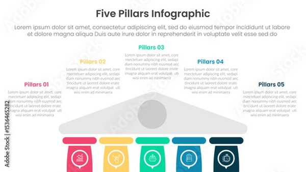 Fototapeta Five pillars framework with ancient classic construction infographic with 5 point stage template with half bottom building on center for slide presentation
