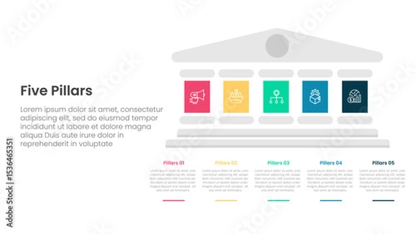 Fototapeta Five pillars framework with ancient classic construction infographic with 5 point stage template with big pillars on right column side for slide presentation