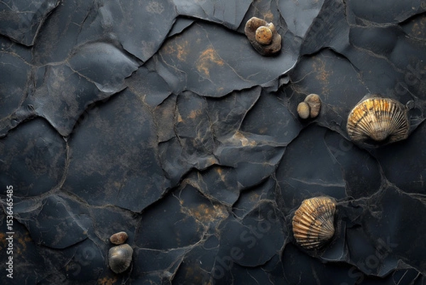 Obraz Dark fossil limestone marble with visible shell and coral fragments. Rich black and slate-gray tones, subtly lit to enhance texture—ideal for moody interiors and dark design themes.