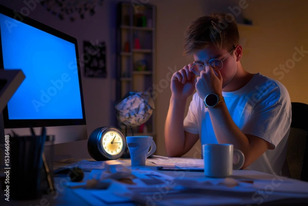 Fototapeta Young man working late at night at a desk with computer, feeling stressed and tired in a home office – concept of deadline pressure and burnout.