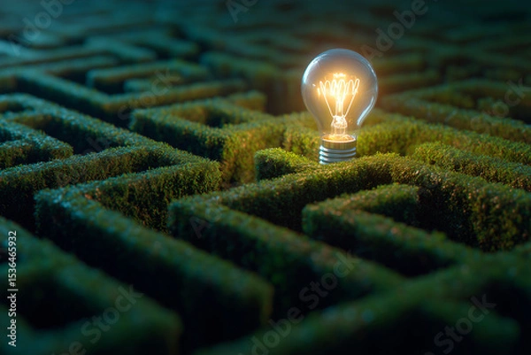 Fototapeta Illuminated light bulb in the center of a green hedge maze, symbolizing innovation and solving challenges – creativity, inspiration, and finding ideas