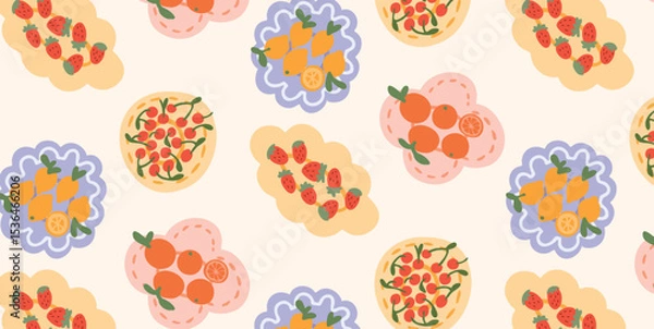 Obraz Strawberry Orange Lemon Cherry Fruits on colorful plates. Seamless summer pattern with fresh food elements for picnic, brunch or dessert. Vector illustration design.