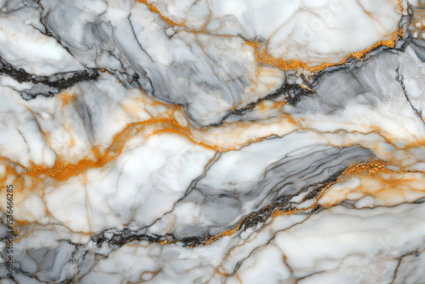Obraz Elegant Calacatta marble with a bright white base and bold gray and gold veins. Smooth, glossy surface with realistic depth—ideal for luxury interiors and premium visual design.