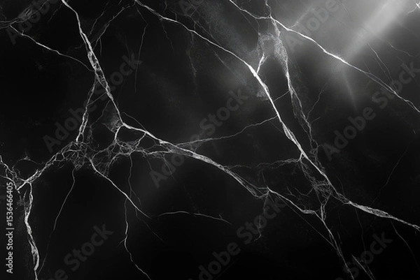 Obraz Luxurious Nero Marquina marble with a deep black base and bold white veins. Polished, high-gloss finish with subtle reflections—dramatic and elegant in Octane-style photorealism.