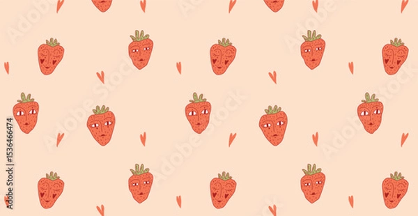 Obraz Seamless pattern with hand-drawn strawberries with human faces and small hearts on light background. Funny cartoon fruit character texture. Flat vector illustration.