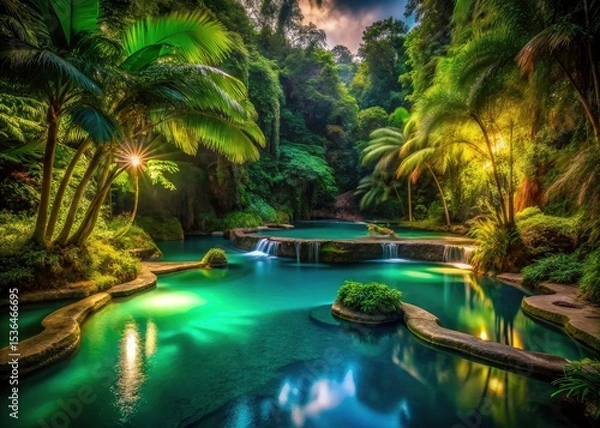 Fototapeta Dark, moody water mirrors a hidden oasis; seven sacred pools shimmer under a mystical night sky in a lush, serene jungle.