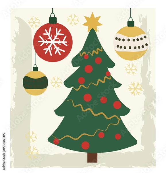 Obraz Whimsical Merry Christmas Illustration with Decorated Tree and Snowflakes-01