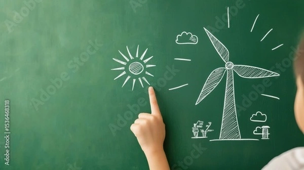Fototapeta Future Energy Education: Child's Hand Points to Renewable Power Drawings on Chalkboard, Symbolizing Hope for a Sustainable Climate Future Eco-Friendly Learning