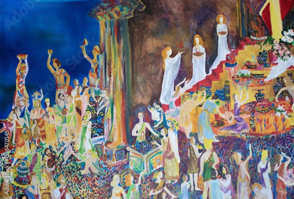Fototapeta Faithful crowd in sanctuary. Faithful people at altar. Merchants, priests, believer, in ancient temple. Original genre oil on canvas painting.