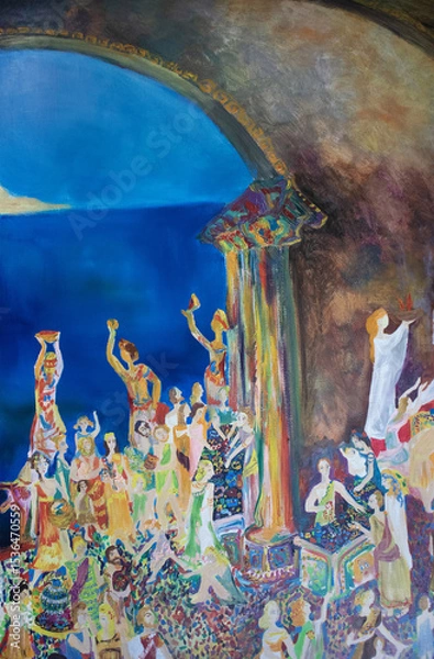 Fototapeta Original genre painting temple vault. Classical Greece antiquity architecture inside. Merchants, sacrificers, crowd ceremony in sanctuary.