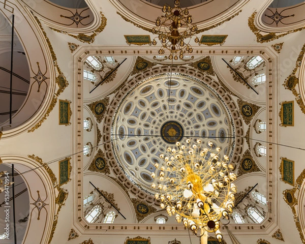 Fototapeta Gazing upwards inside Hisar Mosque in Izmir, Turkey, reveals a remarkable dome intricately decorated with patterns and golden accents, surrounded by elegant chandeliers