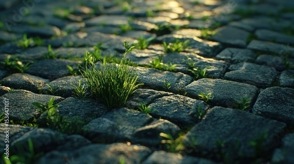 Obraz Patch of grass growing between cobblestone path, natural textures
