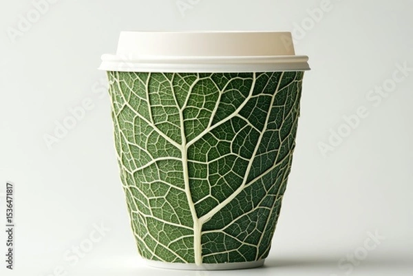 Obraz Biodegradable coffee cup made entirely of vibrant leaf texture representing eco-friendly and sustainable packaging