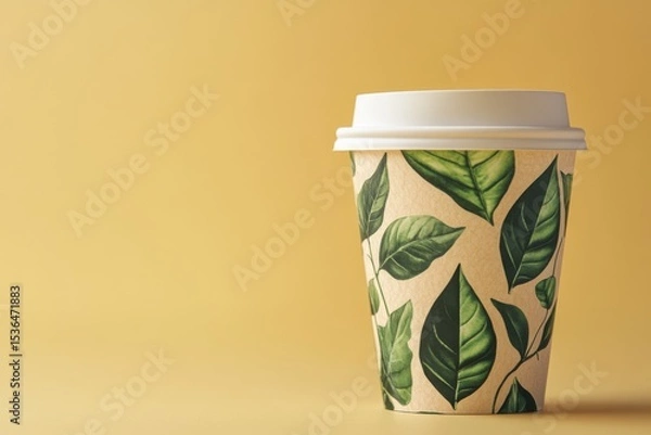 Obraz A creative and modern sustainability-themed coffee cup with leaf pattern representing eco-friendly beverage consumption