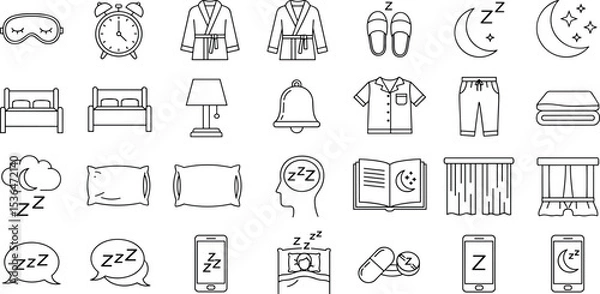 Fototapeta Sleep Vector Icon Set Adjustable Line Weight Bedtime, pillow, pajamas, alarm, night, dreams, sleep mask, relaxation, insomnia, bedroom, comfortable, rest, bedtime routine icons