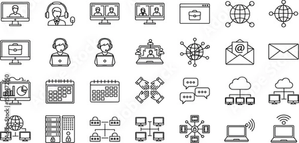 Fototapeta  Remote Work Vector Icon Set Adjustable Line Weight Telecommuting, webinar, virtual meeting, online collaboration, networking, productivity, video conference, cloud storage, digital workspace icons.