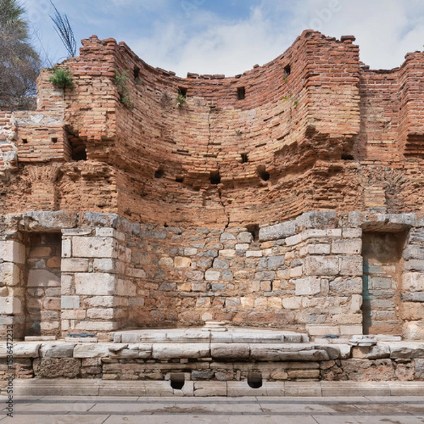 Fototapeta The historic Nymphaeum Traiani in Ephesus, an impressive structure made of stone and brick, highlighting ancient craftsmanship in Selcuk, Turkey