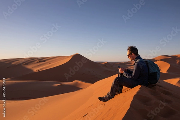 Fototapeta traveler using internet on mobile phone in remote place in desert, man with smartphone sitting in sand dunes, connection