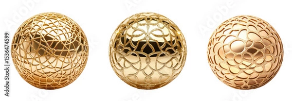 Obraz Three elegant golden spheres with unique patterns showcasing modern design., transparent background