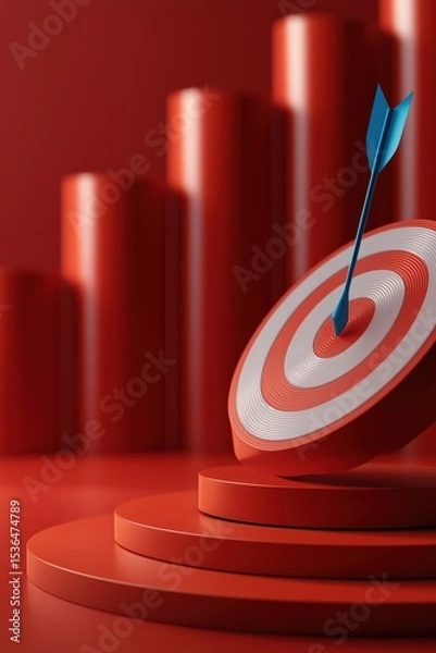 Fototapeta Blue arrow hits red bullseye with red cylinders in background for success and precision concept