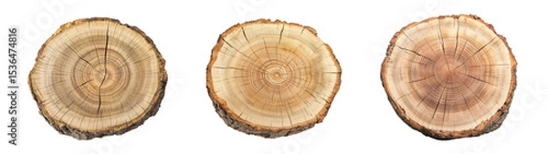 Obraz Three wooden tree rings showcasing natural patterns and textures of wood slices., transparent background